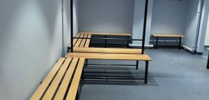 Oak wood benches and black metal frames for school locker room